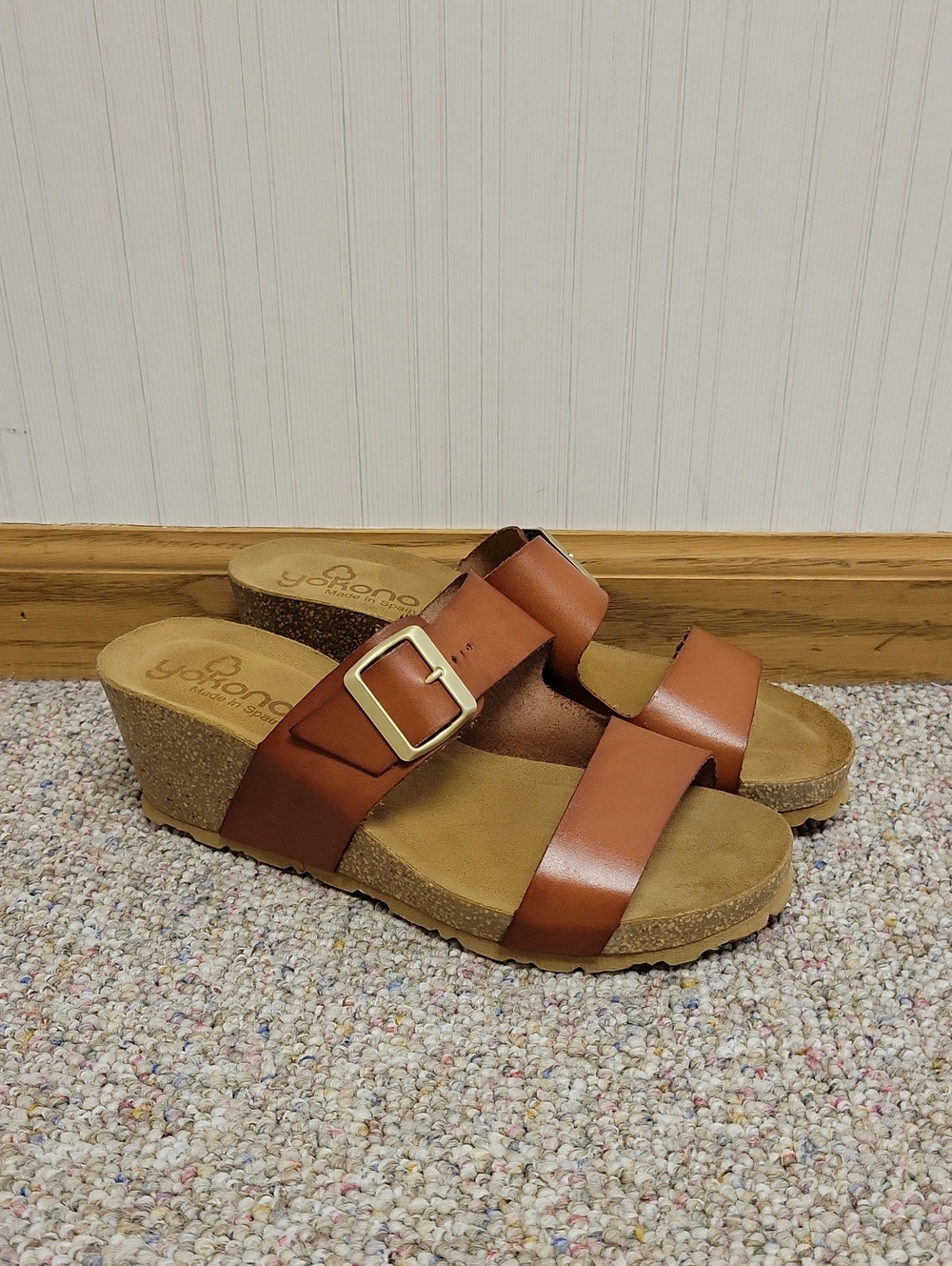 Yokono Women's Brown Leather Wedge Slide Sandals 9 Summer Coastal Grandma